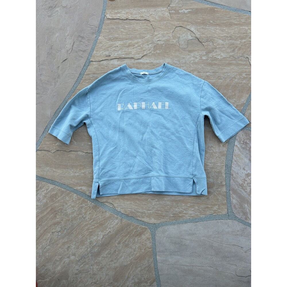 Lune Sweatshirt Womens Size M Teal Printed Crew Neck Pullover Raphael Logo